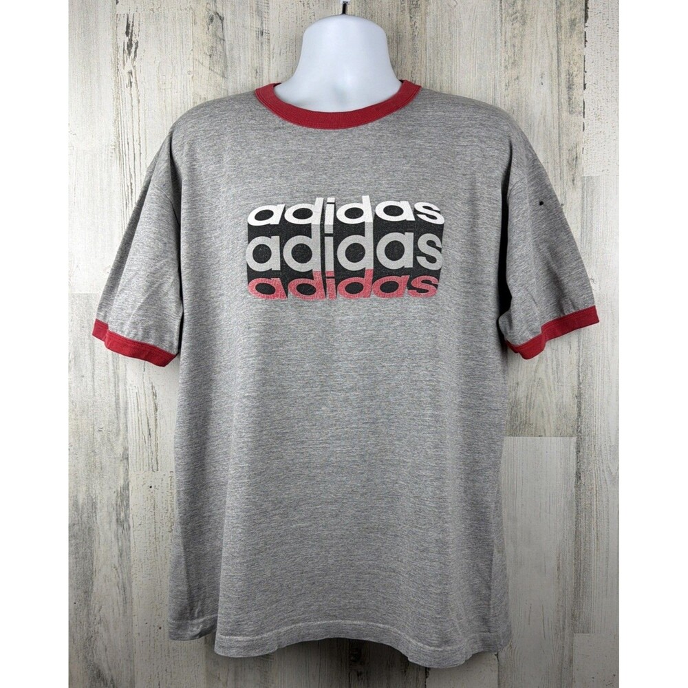 Vintage Adidas Stacked Logo Distressed Ringer T-shirt Large (23”x28”)